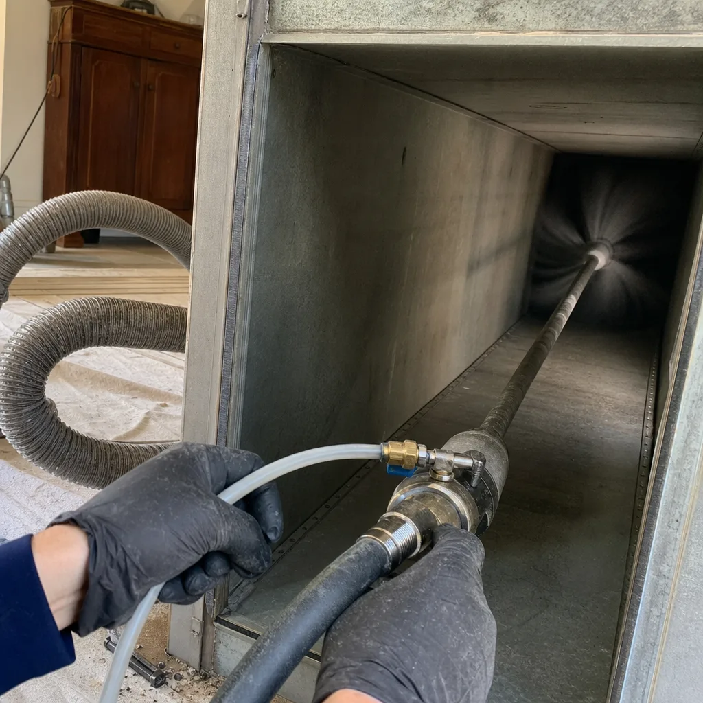 Professional air duct cleaning technician using a rotary brush inside vent