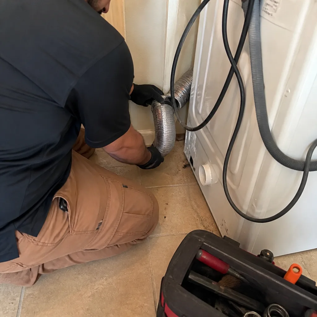 Technician performing professional dryer vent cleaning and duct maintenance service