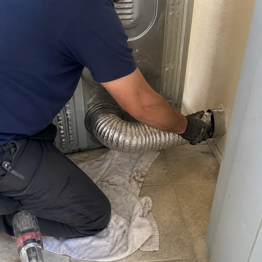 Technician connecting a flexible dryer vent hose to a wall duct
