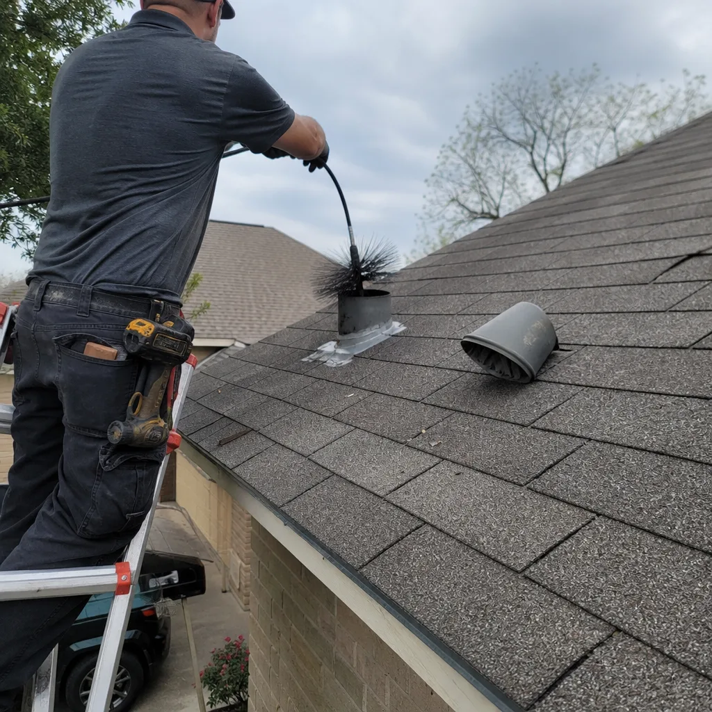 Technician performing professional dryer vent cleaning on a residential roof.