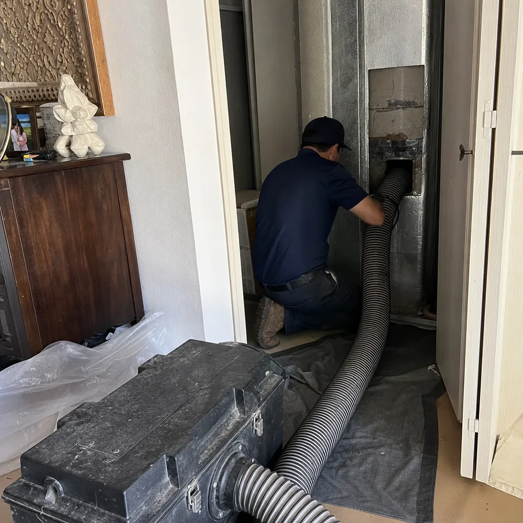 Professional technician performing residential HVAC air duct sealing with vacuum equipment