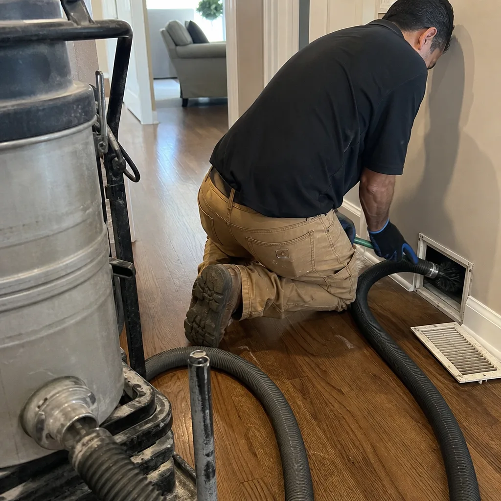 Technician performing professional air duct cleaning and sealing on home ventilation system
